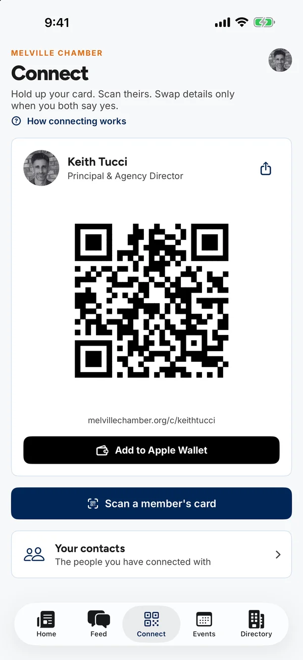 The Connect tab: a member’s digital business card with its QR code and the scan button