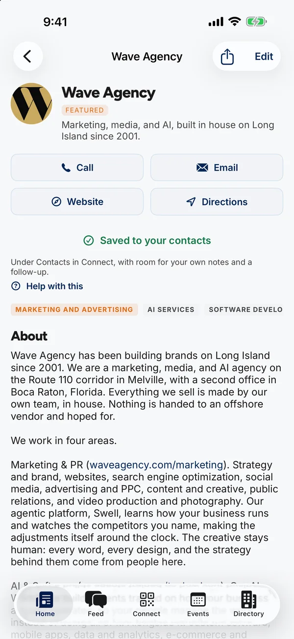A member listing in the app with call, email, website and directions buttons