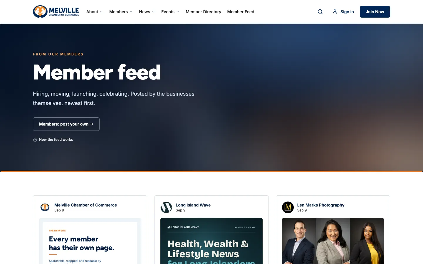 Melville Chamber member feed with posts from member businesses